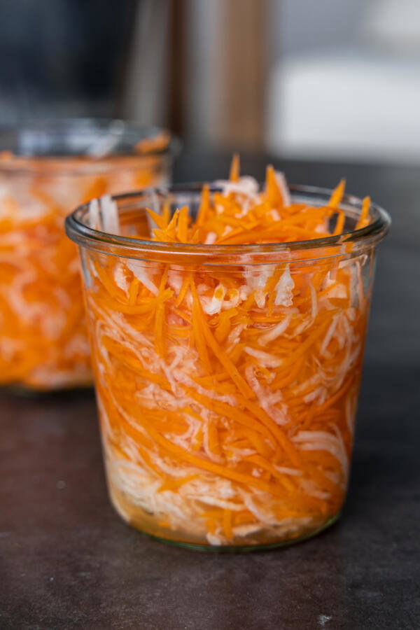 Pickled Daikon Radish and Carrots in a jar.