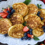 Sourdough Cottage Cheese Pancakes on a tray.