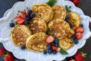 Sourdough Cottage Cheese Pancakes on a tray.