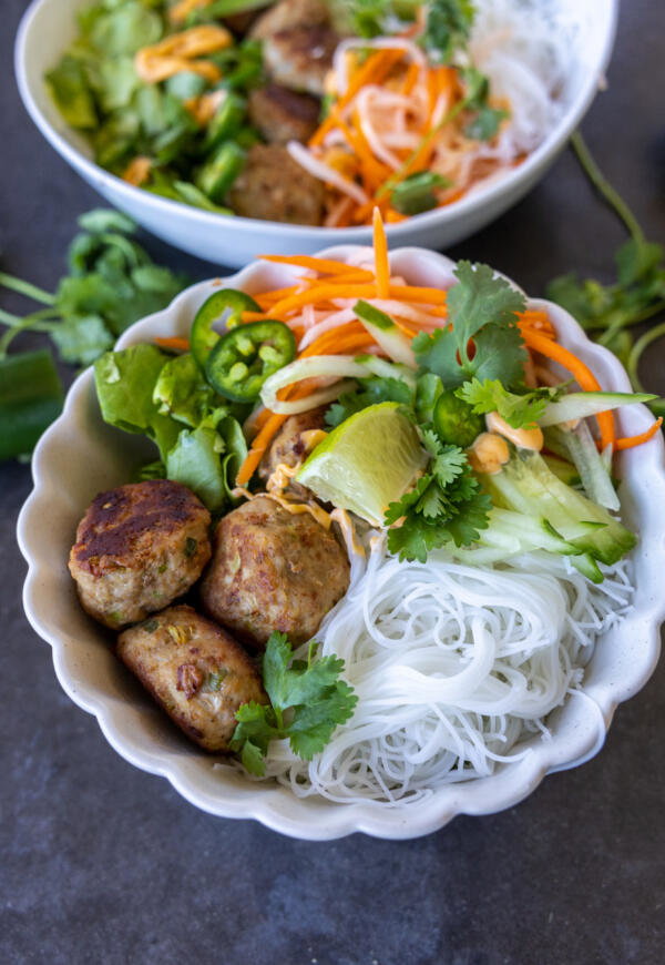 Turkey Meatballs with Vermicelli Bowl with more bowls around.