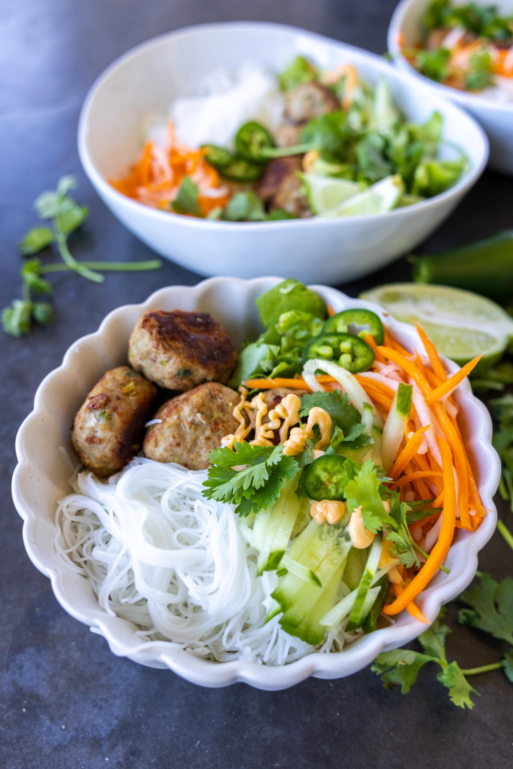 Turkey Meatballs with Vermicelli Bowl with toppings aorund.